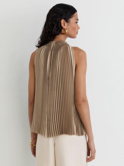Reiss Kali Satin Pleated High Neck Sleeveless Top, Champagne Neutral - view 2, Champagne Neutral