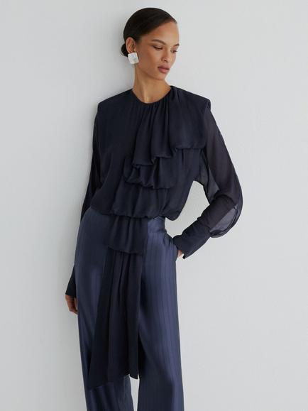 Reiss Luciana Long Sleeve Ruffle Front Blouse, Navy, Navy