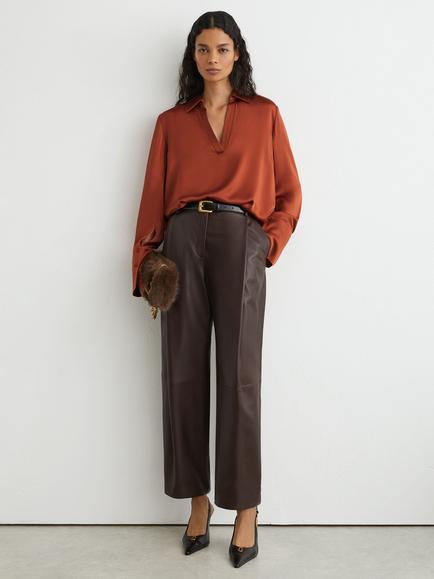 Reiss Marina Open Collar Silk Blouse, Rust Orange, Rust Orange