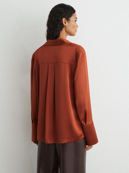 Reiss Marina Open Collar Silk Blouse, Rust Orange - view 2, Rust Orange