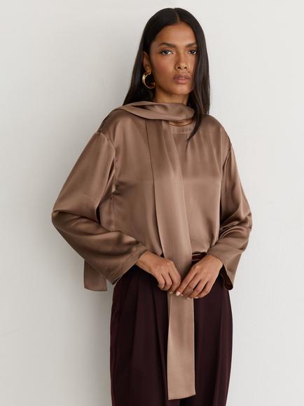 Reiss Millie Pure Silk Tie Neck Blouse, Taupe Brown, Taupe Brown