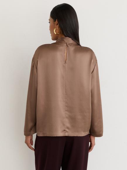 Reiss Millie Pure Silk Tie Neck Blouse, Taupe Brown - view 2, Taupe Brown