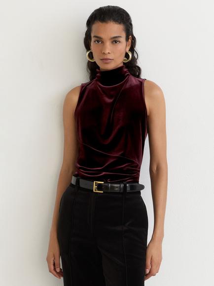 Reiss Remi Ruched Neck Stretch Velvet Top, Burgundy, Burgundy