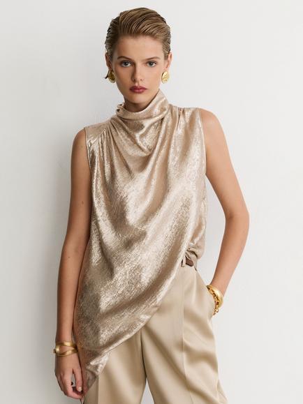 Reiss Romee Draped Metallic Asymmetric Top, Champagne Neutral, Champagne Neutral