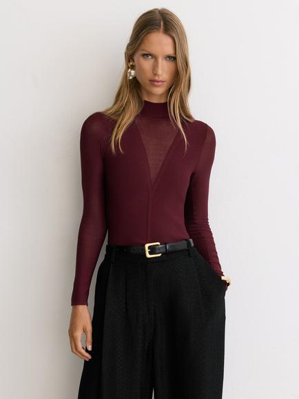 Reiss Selene Long Sleeve Illusion Top, Claret Red, Claret Red