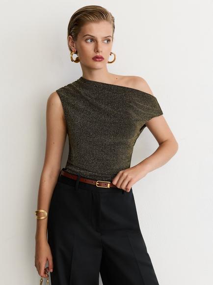 Reiss Sofia Stretch Ruched Detail Asymmetric Neck Top, Gold, Gold