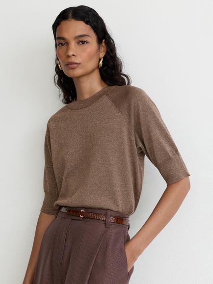 Reiss Susanne Wool Rich Metallic Knit Short Sleeve Top, Bronze, Bronze