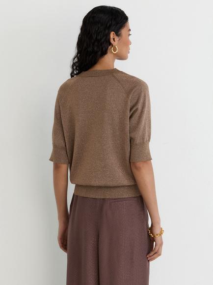 Reiss Susanne Wool Rich Metallic Knit Short Sleeve Top, Bronze - view 2, Bronze