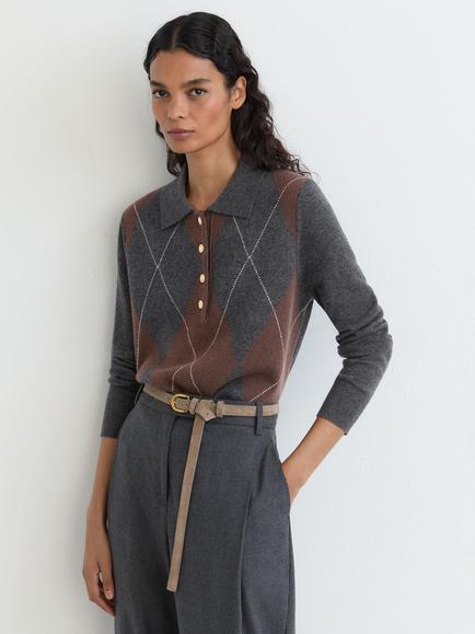 Reiss Avery Wool and Cashmere Blend Argyle Collar Jumper, Grey, Charcoal Grey