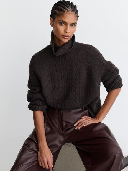 Reiss Brielle Wool Rich with Cashmere Cable Roll Neck Jumper, Chocolate Brown, Chocolate Brown