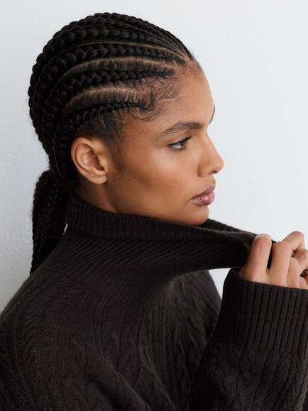 Reiss Brielle Wool Rich with Cashmere Cable Roll Neck Jumper, Chocolate Brown - view 2, Chocolate Brown