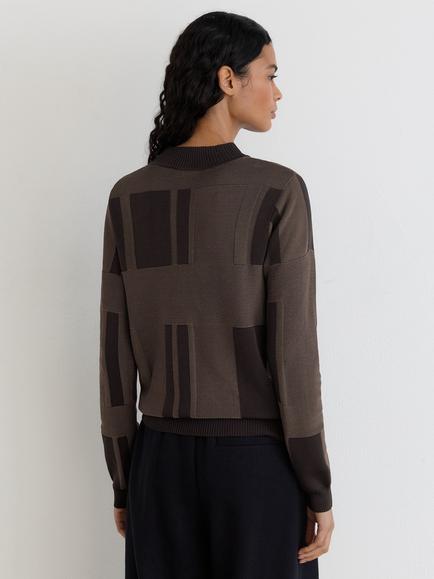 Reiss Faro Geometric Jacquard Jumper, Brown - view 2, Chocolate Brown