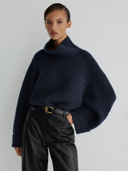 Reiss Franky Chunky Roll Neck Wool and Cashmere Blend Jumper, Navy, Navy