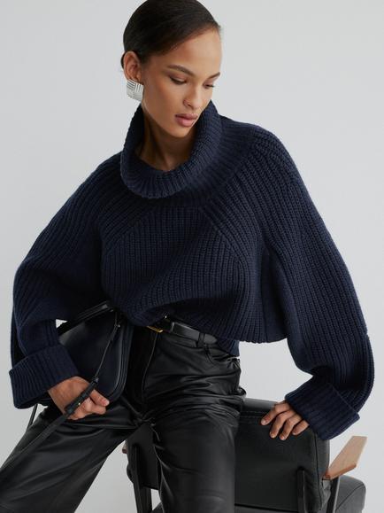 Reiss Franky Chunky Roll Neck Wool and Cashmere Blend Jumper, Navy - view 2, Navy