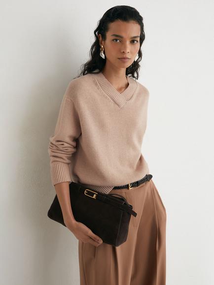 Reiss Mari V-Neck Ribbed Trim Wool and Cashmere Blend Jumper, Blush Pink