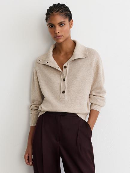 Reiss Martha Wool Rich with Cashmere Half Button Jumper, Cream, Cream