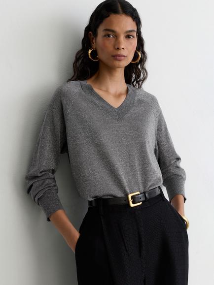 Reiss Pammy Wool Rich Metallic Knit V-Neck Jumper, Silver Grey, Silver Grey