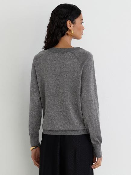 Reiss Pammy Wool Rich Metallic Knit V-Neck Jumper, Silver Grey - view 2, Silver Grey