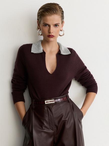 Reiss Raven Wool Blend with Cashmere Crystal Collar V-Neck Jumper, Grey, Grape Burgundy