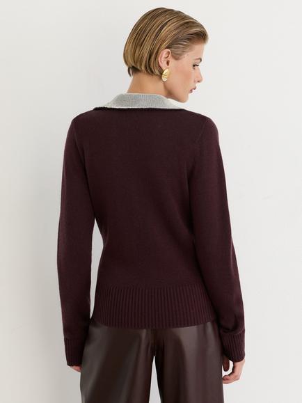 Reiss Raven Wool Blend with Cashmere Crystal Collar V-Neck Jumper, Grey - view 2, Grape Burgundy