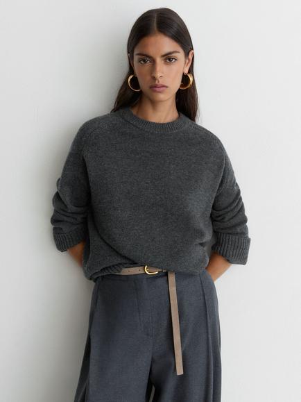 Reiss Riley Wool Rich with Cashmere Crew Neck Raglan Jumper, Charcoal Grey