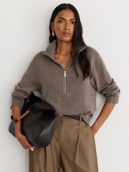 Reiss Saffron Wool Rich with Cashmere Half Zip Jumper, Dark Neutral, Dark Neutral