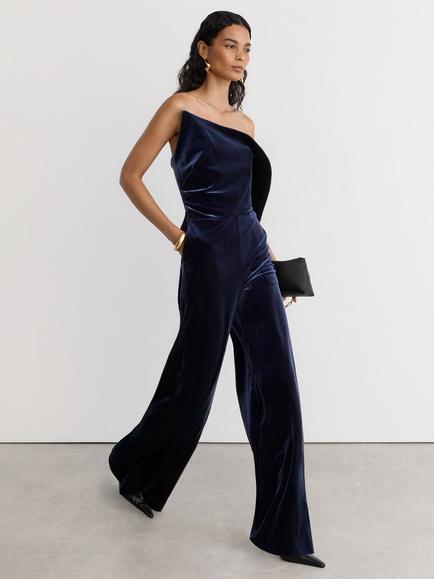 Reiss Dasha Strapless Stretch Velvet Jumpsuit, Navy - view 2, Navy