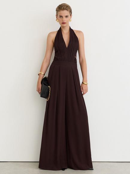 Reiss Lainey Wide Leg Halterneck Jumpsuit, Grape Burgundy, Grape Burgundy