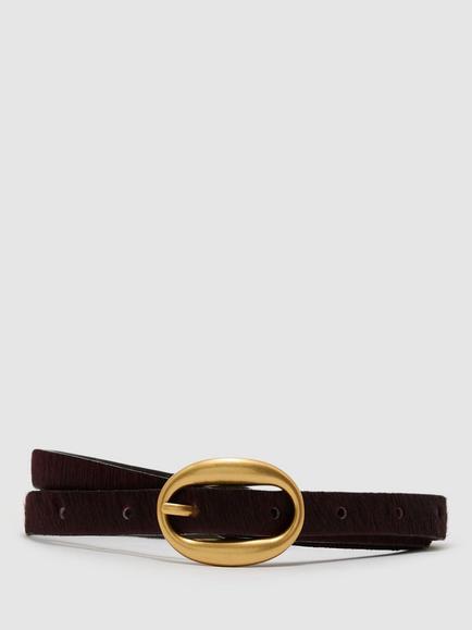 Reiss Leona Pony Hair Effect Oval Buckle Slim Belt, Burgundy, Burgundy