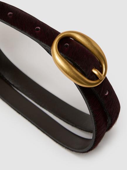 Reiss Leona Pony Hair Effect Oval Buckle Slim Belt, Burgundy - view 2, Burgundy