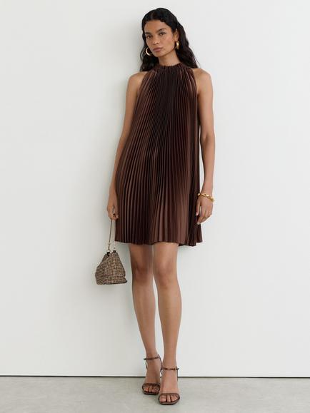 Reiss Astrid Accordion Pleat Halterneck Mini Dress, Mocha Brown, Mocha Brown
