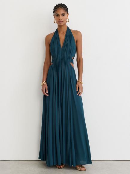 Reiss Cara Halterneck Pleated Maxi Dress, Teal Green, Teal Green
