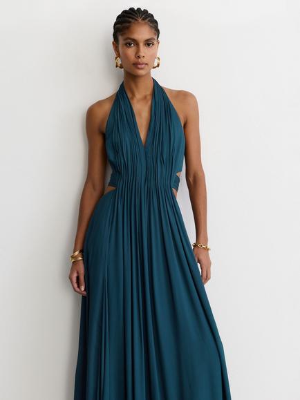 Reiss Cara Halterneck Pleated Maxi Dress, Teal Green - view 2, Teal Green