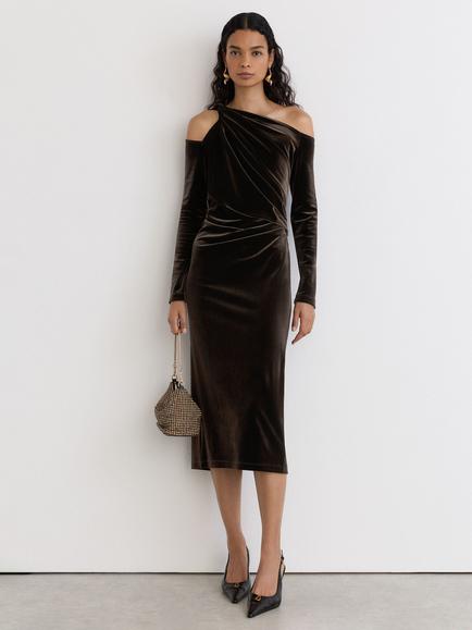 Reiss Koda Asymmetric Neck Velvet Dress, Olive Green, Olive Green