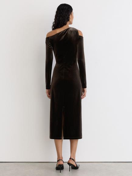 Reiss Koda Asymmetric Neck Velvet Dress, Olive Green - view 2, Olive Green