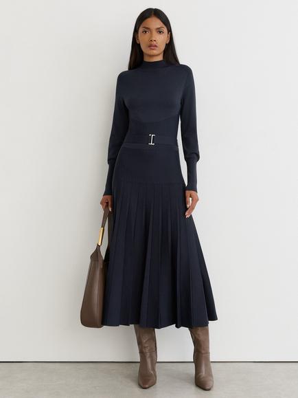 Reiss Lydia High Neck Belted Midi Jumper Dress, Navy, Navy