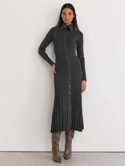 Reiss Nova Rib Knit Pleated Midi Dress, Grey, Grey