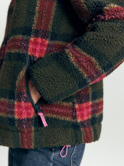 Boden Alnwick Check Borg Jacket, Navy/Red - view 2, Navy/Red