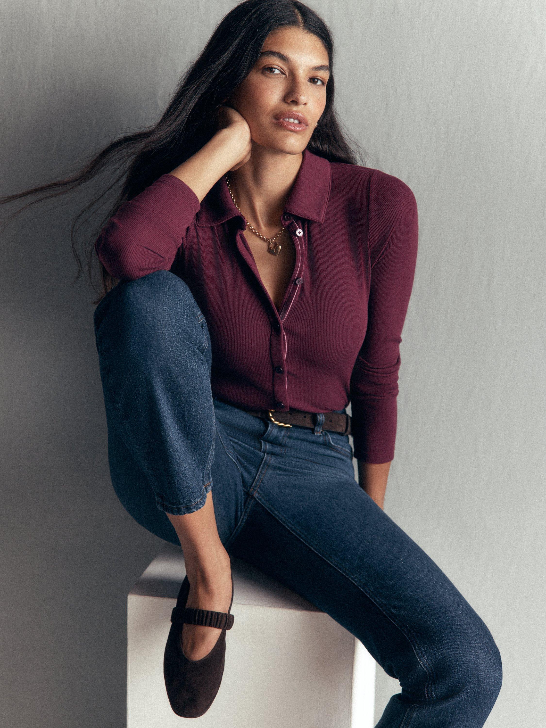 Boden Ribbed Velvet Trim Shirt, Dark Cherry