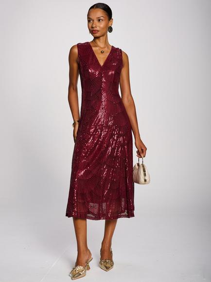 Jolie Moi Patterned Sequin V-Neckline Midi Dress, Burgundy, Burgundy