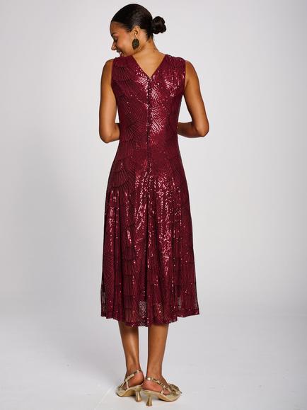 Jolie Moi Patterned Sequin V-Neckline Midi Dress, Burgundy - view 2, Burgundy