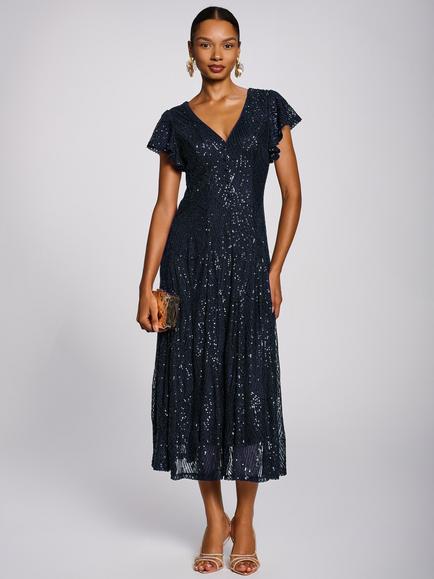Jolie Moi Sequin V-Neck Fit & Flare Dress, Navy, Navy