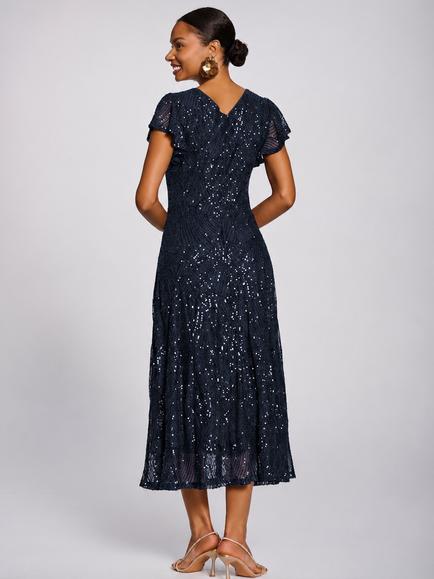 Jolie Moi Sequin V-Neck Fit & Flare Dress, Navy - view 2, Navy