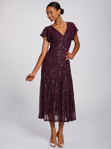 Jolie Moi Sequin V-Neck Fit & Flare Dress, Deep Plum, Deep Plum