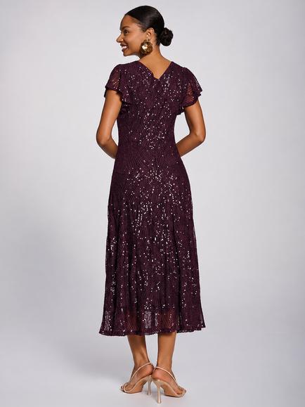 Jolie Moi Sequin V-Neck Fit & Flare Dress, Deep Plum - view 2, Deep Plum