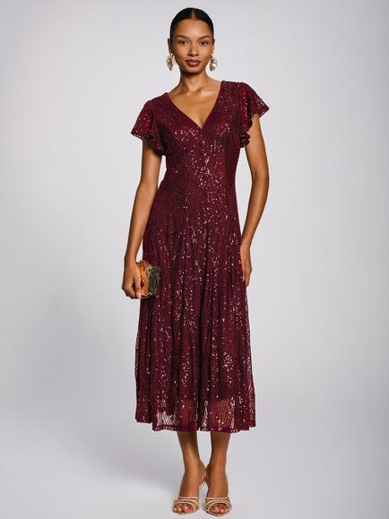 Jolie Moi Sequin V-Neck Fit & Flare Dress, Burgundy, Burgundy