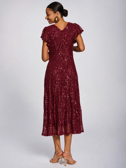 Jolie Moi Sequin V-Neck Fit & Flare Dress, Burgundy - view 2, Burgundy