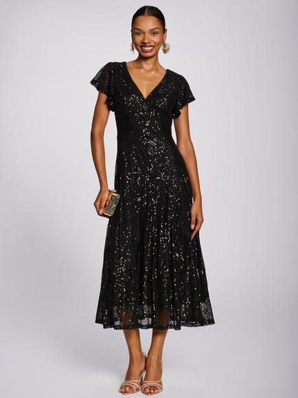 Jolie Moi Sequin V-Neck Fit & Flare Dress, Black, Black
