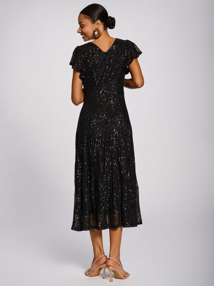 Jolie Moi Sequin V-Neck Fit & Flare Dress, Black - view 2, Black