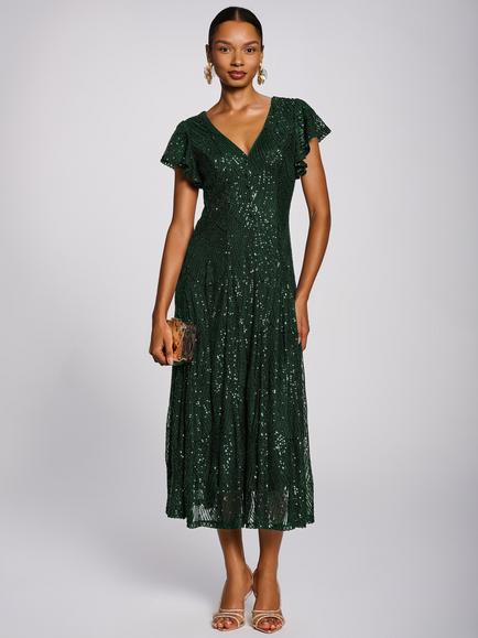 Jolie Moi Sequin V-Neck Fit & Flare Dress, Dark Green, Dark Green
